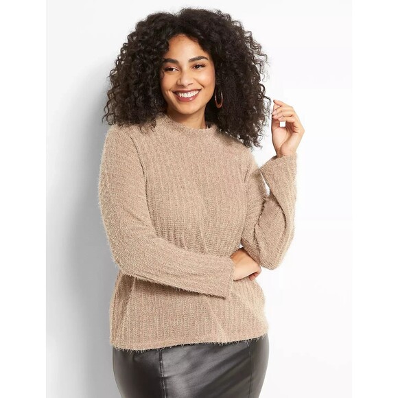 LANE BRYANT Beige Mock Neck Eyelash Knit Sweater Women 18/20 Drop Shoulder NEW - Picture 1 of 11